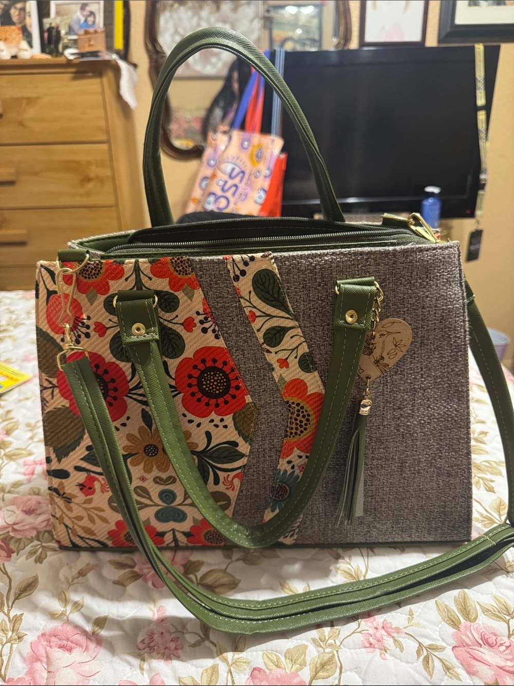 Floral & Textured Olive Green Tote Bag from Oaxaca Mexico